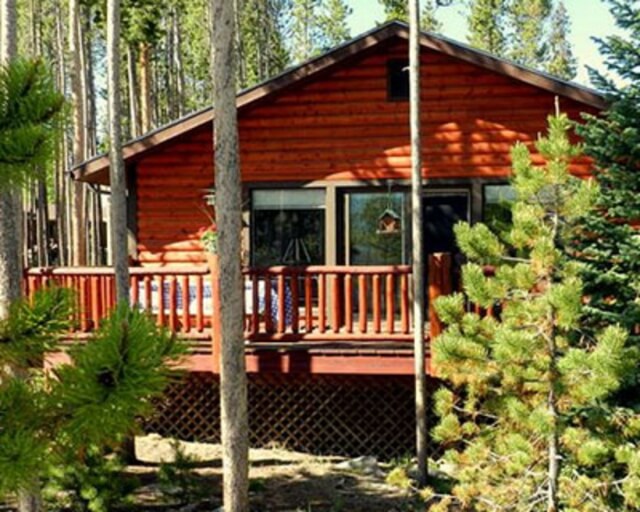 A rustic red cabin nestled among tall pine trees with a wooden deck in Grand County Colorado.