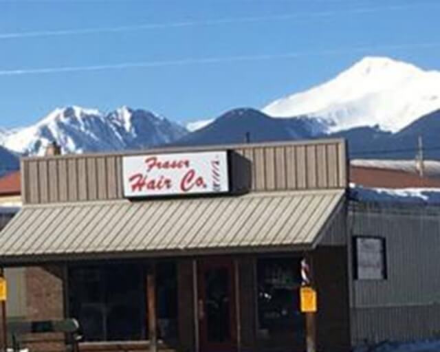 A small business named Fraser Hair Co. with a mountain backdrop in Grand County Colorado.