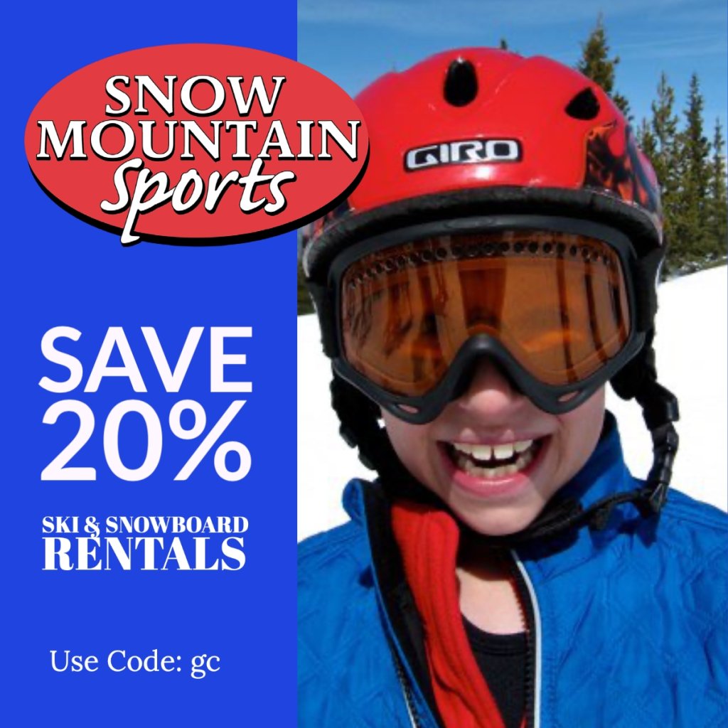 A smiling child wearing a red ski helmet and goggles, advertising ski rentals in Grand County Colorado.