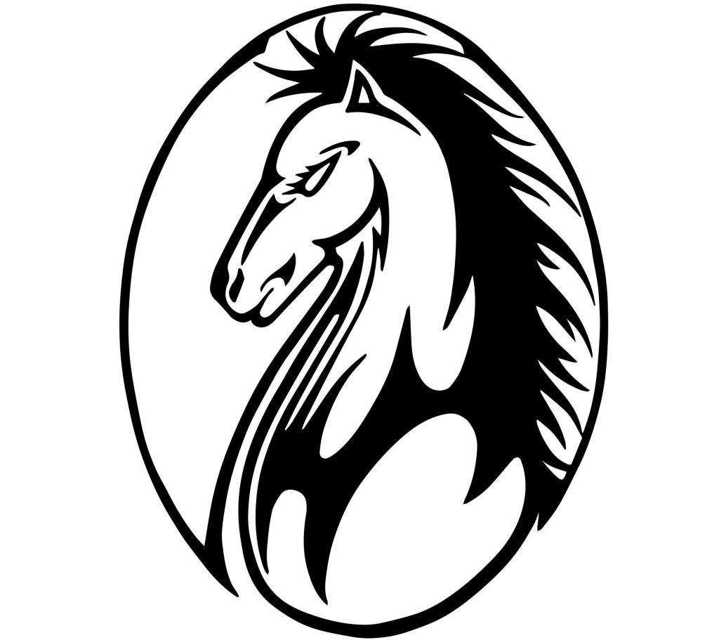 A stylized, black and white illustration of a horse's head and neck in profile in Grand County Colorado.