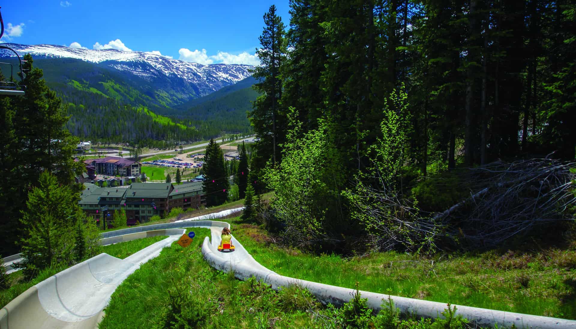 A child rides a sled down a winding alpine slide surrounded by lush green forest and snow-capped mountains in Grand County Colorado.