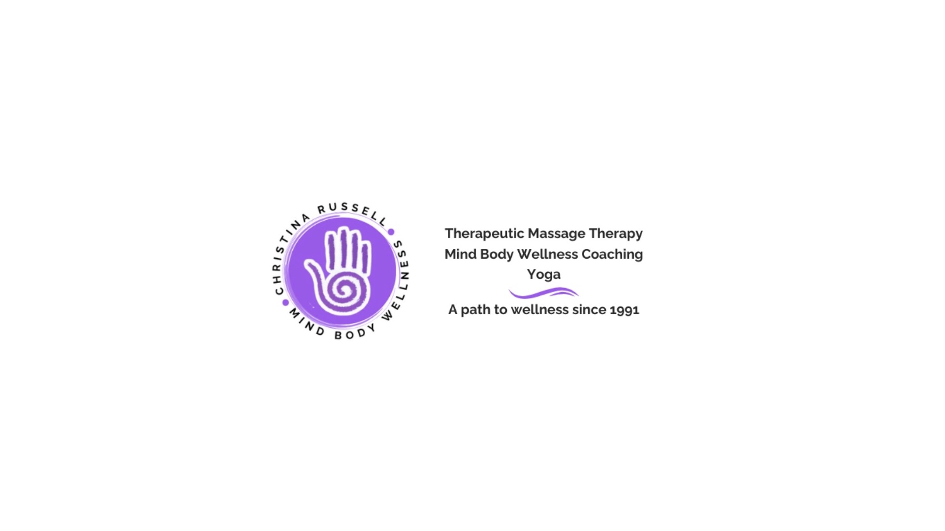 A purple logo featuring a hand with a spiral design, representing therapeutic massage and yoga services in Grand County Colorado.