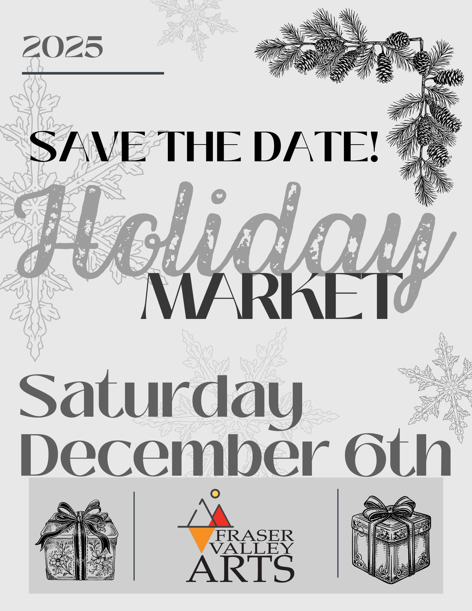 A black and white poster advertising a holiday market on December 6th, featuring snowflakes, pine branches, and gift boxes in Grand County Colorado.