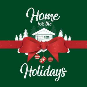 A festive green banner with a red bow, featuring a snowy cabin and trees, saying 'Home for the Holidays' in Grand County Colorado.