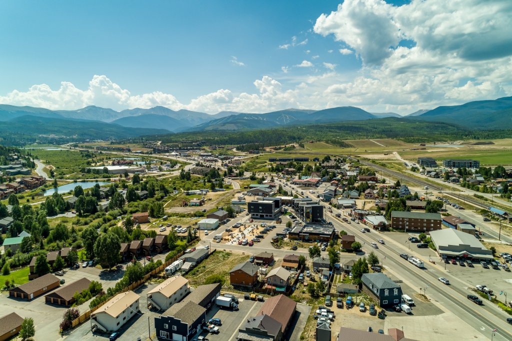 an aerial view of Fraser, Colorado in Grand County