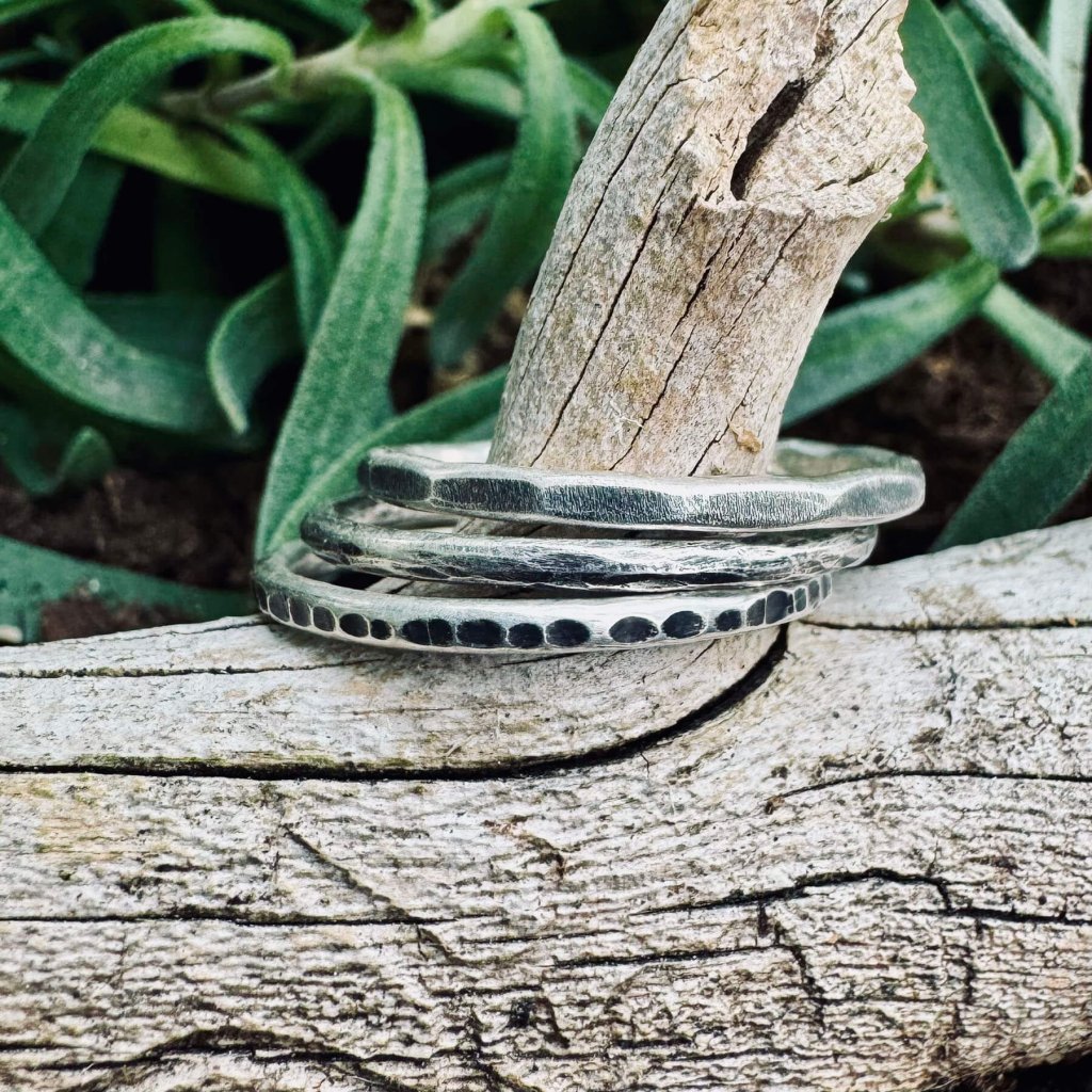 Three rustic silver rings with black dots are stacked on a weathered log, surrounded by lush green plants in Grand County Colorado.