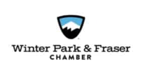 Logo for Winter Park & Fraser Chamber featuring a stylized blue and white mountain inside a black shield shape, with the text "Winter Park & Fraser Chamber" below.